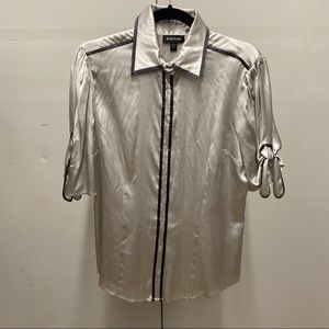 Bebe Silver Silk Short Sleeve Button Down Top